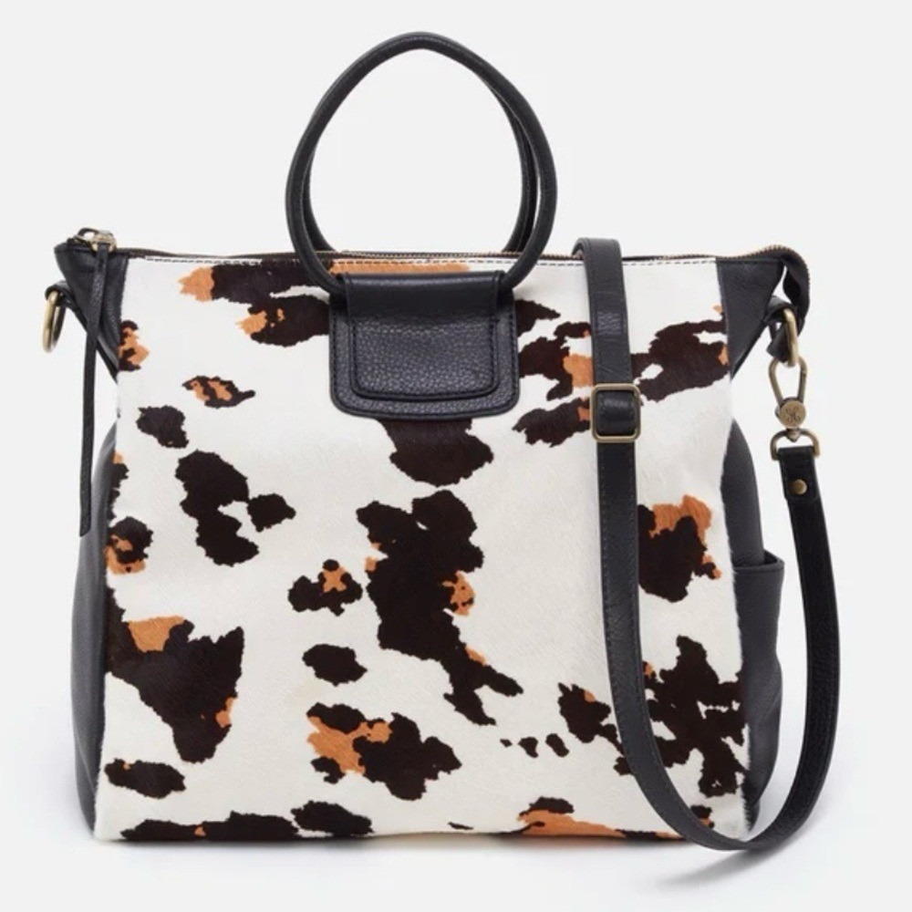 Hobo Sheila Large Cow Print‎ Hair-On Leather Satchel Crossbody, Brown/Black NWT